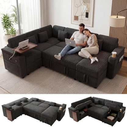 100" Modular Sectional Sleeper Sofa with Pull Out Bed/Side Table/USB Charging/Storage Chaise, U Shaped 7 Seat Corduroy Sofa with Storage Armrests/Cup Holders, Comfy Convertible Cloud Couch, Grey