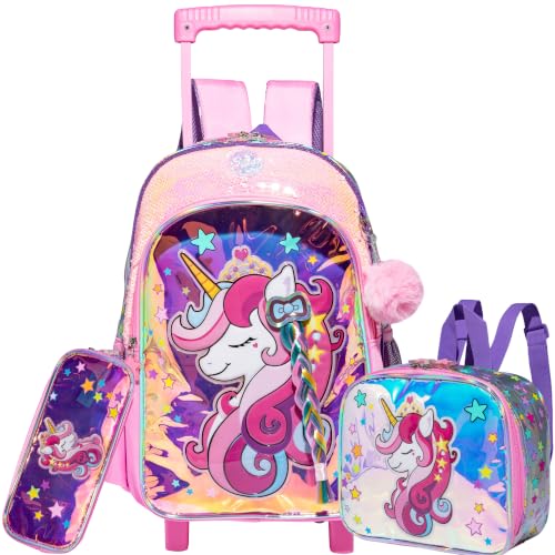 Unicorn Rolling Backpack for Girls with Wheels Backpack for School Elementary Student Backpacks for Kids with Lunch Box Pencil Case Bookbag Set for Girls Elementary Primary School - color: Pink Braid Unicorn