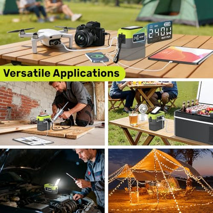 240W Power Inverter Pure Sine Wave Compatible with Ryobi 18V Battery | No Battery, 7A Fast Charger, Portable Power Station with 120V AC Outlets, USB-C (140W), 2 QC USB Ports(18W), 600LM LED(Green) - color: Green