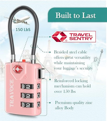 Search Alert TSA Approved Travel Combination Luggage Cable Locks for Suitcase, Gym Locker,Toolbox,Backpack 1,2,4,6 &10 pk (Pink 2 Pack) - color: Pink 2 Pack