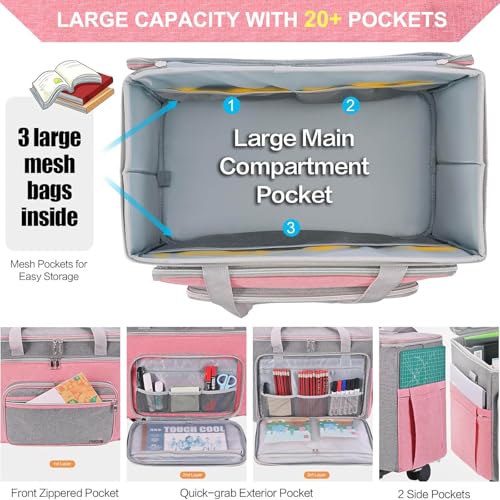 Rolling Teacher Bag With Wheels, Tote Organizer With Detachable Trolley - color: Pink