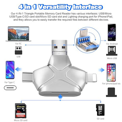 SD/Micro SD Card Reader for iPhone/iPad/Android/Mac/Computer/Camera, 4 in 1 Triangle Portable Memory Card Reader, Compatible with TF Cards&Trail Camera Viewer, Plug and Play, No App Required - color: Silver