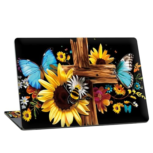 Universal Laptop Skin Sticker with 2 Wrist Pad Skins, Waterproof Scratch Resistant Vinyl Laptop Cover Decal, Cut to Fit for 11–15.6 Inch MacBook HP Dell Lenovo, Cross Sunflower Butterfly - color: Cross Sunflower Butterfly
