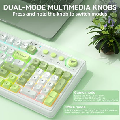 Aula F3099 Wireless Keyboard with Media Knob, Tri-Mode BT5.0/2.4GHz/USB-C Cute Creamy Keyboard with Number Pad, RGB Backlit Gaming Keyboard, Quiet Typing Green Computer Keyboards for Office Laptop/PC - color: White & Green