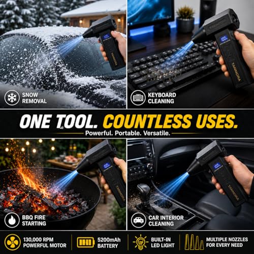 Electric Air Duster, 130000RPM Cordless Compressed Air Duster, Rechargeable Air Blower with LED Display & LED Light, 3-Speed Turbo Fan for PC Keyboard, Car & Home Cleaning