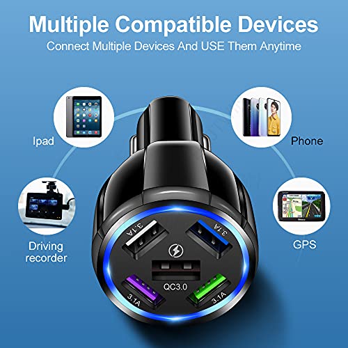 Car Charger Adapter, 5 Port QC3.0 Fast Charging Car Cigarette Lighter USB Charger, Compatible with iPhone, Android, Samsung, iPad Pro, and More (Black)