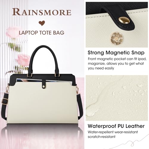 RAINSMORE Laptop Bag for Women 15.6 Inch Laptop Tote Bag Leather Work Bag Waterproof Womens Briefcase Business Office Computer Tote Large Capacity Handbag, Beige and Black - color: Beige and Black