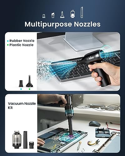 iDOO Compressed Air Duster, Cordless Electric Canned Duster, Portable Vacuum, 3 Gear Mini Portable Jet Dry Air Blower, for Gaming Pc, Keyboard, Car Cleaning, Outdoors-Dust Blowing & Vacuuming(Black)