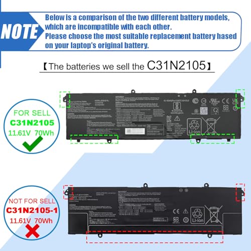 70Wh C31N2105 Laptop Battery Replacement for ASUS VivoBook 14X OLED X1403ZA VivoBook S 16X M5602QA S5602ZA S1503QA S3502ZA S5402ZA S5602ZA K6602HE M6500QF F1603ZA Series 0B200-04140000 11.61V 5895mAh - size: 11.25*3.33*0.23 inch C31N2105