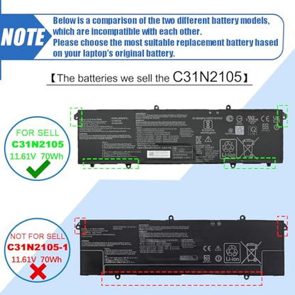 70Wh C31N2105 Laptop Battery Replacement for ASUS VivoBook 14X OLED X1403ZA VivoBook S 16X M5602QA S5602ZA S1503QA S3502ZA S5402ZA S5602ZA K6602HE M6500QF F1603ZA Series 0B200-04140000 11.61V 5895mAh - size: 11.25*3.33*0.23 inch C31N2105