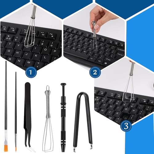 Keyboard Remover Tool Kit-6-Piece Set, Switch Puller, Keycap Puller, Lubricating Pen, Cleaning Brush, Tweezers, 4-Jaw Gripper, and Key Cap Pullers for Mechanical Keyboards with Black Felt Bag