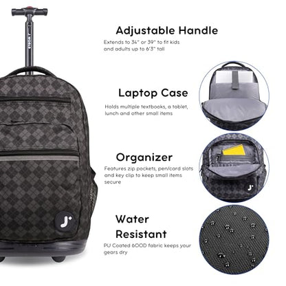 J World Sundance Laptop Rolling Backpack for Girls Boys. Roller Bookbag with Wheels, 20 Inch, Argyle Black - color: Argyle Black