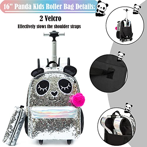 School Kids Rolling Backpack for Girls 3PCS With Trolley Wheeled Backpacks - color: Silver Black