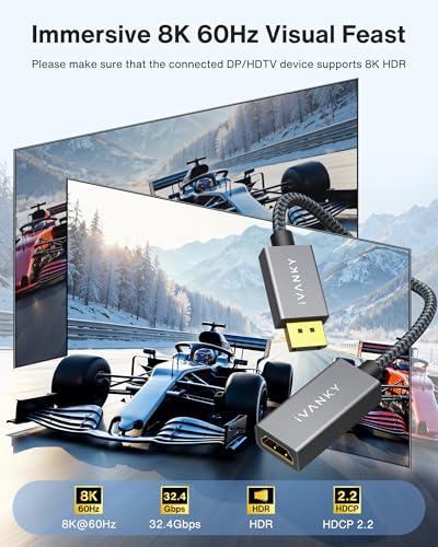 IVANKY 8K@60Hz Active DisplayPort to HDMI Adapter,Unidirectional DP to HDMI | DP 1.4 to HDMI 2.1, Male to Female, 4K@240Hz, HDCP 2.2 3D Video Converter Supports Desktop,AMD/NVIDIA, Monitor, TV, Projector - size: 8K