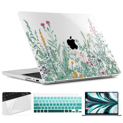 TWOLSKOO Compatible with MacBook Pro 14 inch Case 2023 2022 2021 Release M2 A2779 M1 A2442 Pro/Max Chip with Touch ID, Plastic Hard Shell Case & Keyboard Cover & Screen Protector, Wildflower - color: Wildflower
