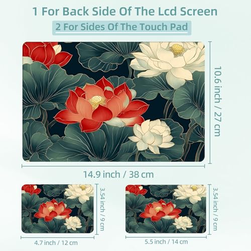 Universal Laptop Skin Decal, 3-Piece Vinyl Protector for 12 13 14 15.6" Notebook, Waterproof Anti-Scratch, Easy Trim & Bubble-Free Finish, Red and White Lotus Flowers - color: Red and White Lotus Flowers