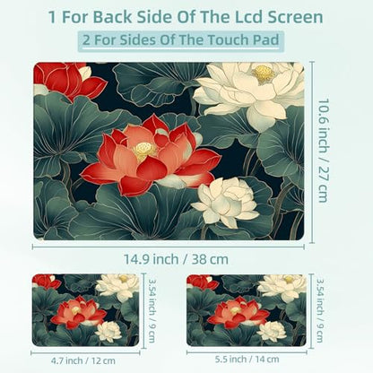 Universal Laptop Skin Decal, 3-Piece Vinyl Protector for 12 13 14 15.6" Notebook, Waterproof Anti-Scratch, Easy Trim & Bubble-Free Finish, Red and White Lotus Flowers - color: Red and White Lotus Flowers