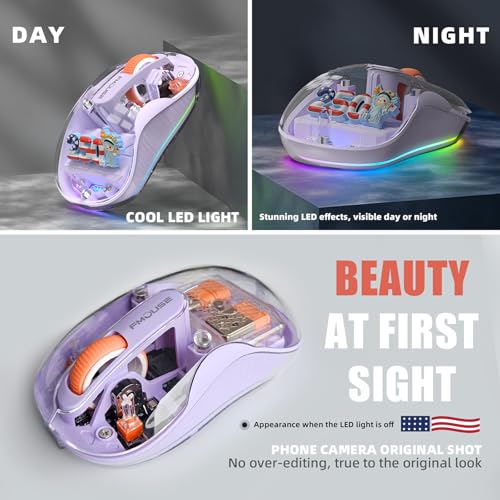 FMOUSE Transparent Wireless Mouse, 2 Cute 2026 Figurines, Tri-Mode, Purple | Rechargeable | USB-A & USB-C Receivers for Mac, iPad, Laptop | 2.4G & Dual Bluetooth | Silent Clicks | RGB | Portable - color: Purple