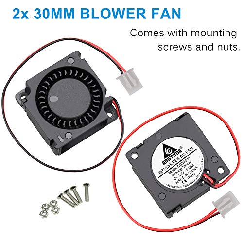 GDSTIME 30mm Blower Fan 24V 2Pin 3010 Brushless Cooling for 3D Printer 2Pcs | 30x30x10mm, DC 24 Volt, 9000RPM, High Performance, Small Turbo Blowers - size: 30x10mm