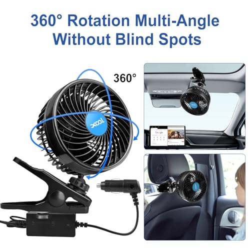 XOOL 12V 6'' Car Fan, Clip Fan 360 Degree Rotatable Car Fan Cooling Air Fan with Stepless Speed Regulation & Cigarette Lighter Plug for SUV, RV, Vehicles - size: Cigarette Single Fan - Clip