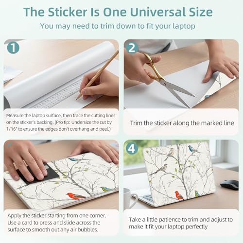 Universal Laptop Skin Decal, 3-Piece Vinyl Protector for 12 13 14 15.6" Notebook, Waterproof Anti-Scratch, Easy Trim & Bubble-Free Finish, Thin Grey Branches and Birds - color: Thin Grey Branches and Birds