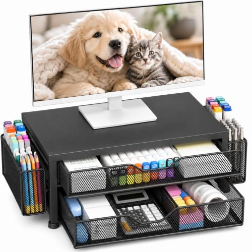 OPNICE Desk Organizer and Accessories, 2-Tier Computer Monitor Stand Riser with Drawer and 2 Pen Holders, Laptop Stand, Office Desk Accessories for Office Supplies, Black-2D - color: Black Double Drawer & Pen Holders, size: Single