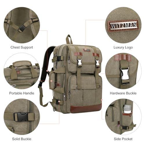 WITZMAN Canvas Travel Backpack for Men Large Laptop Backpack Fits 16 Inch | Expandable 32L to 42L, Carry-on Airline Approved Convertible Shoulder Rucksack, For Vacation, Overnight Trip, A6617 Green - color: Army Green