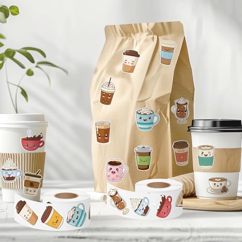 Haooryx Cute Coffee Sticker Rolls - 1000Pcs Bubble Milk Tea Coffee Latte Cup Sticker 2 Rolls Self Adhesive Waterproof Vinyl Water Bottle Laptop Junk Journal Birthday Party Favor Easter Basket Stuffers - style: Cute Coffee