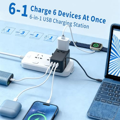 100W GaN Universal Travel Adapter - 6-in-1 International Plug Adapter Wall Charger for 200+ Countries, Built-in USB-C Cable Multi Port Fast Charging Worldwide - US/EU/UK/AUS