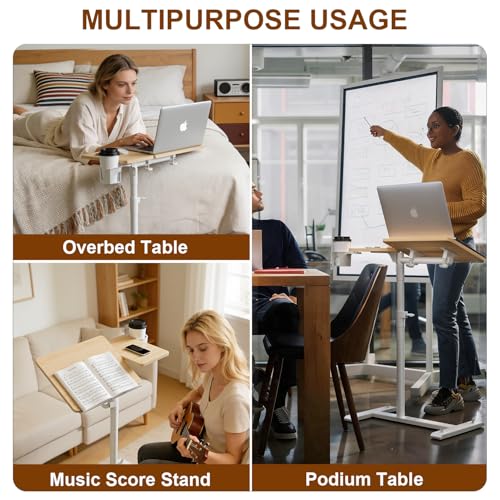 Aothia Small Standing Desk Rolling Table Adjustable Height, Laptop Mobile Stand with Wheels, Overbed Table, Portable Computer Workstation with Tiltable Desktop for Teacher Classroom Home Office, Oak - color: Oak