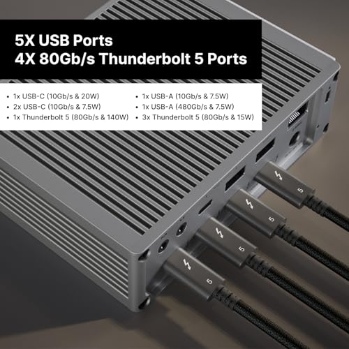 CalDigit TS5 Thunderbolt 5 Dock - 15 Port, 140W Charging, 80Gb/s TBT 5 x 4, USB-C 10Gb x 3, USB-A x2, 2.5Gb Ethernet, Dual 8K@60Hz Displays, SD & microSD UHS-II, 1m Braided Cable, Space Gray 240W PSU | Includes Thunderbolt 5 cable, rubber feet and 240W po