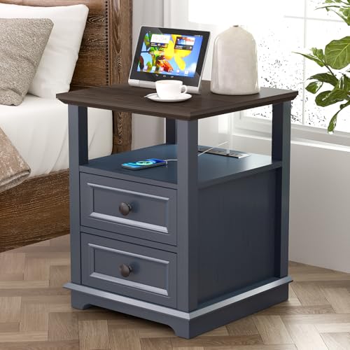 End Table with Fast USB C Charging Station & 2 Drawers | 18" Wide Tall Sofa Side Table, Large Storage Rustic Wood Square Storage Cabinet for Living Room, Bedroom, Office - color: Dark Blue, size: 1 Piece