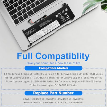 Fancy Buying 15.36V-60Wh L19C4PC0 L19M4PC0 L19C4PC1 L19M4PC1 Laptop Battery Replacement for Lenovo Legion 5P-15IMH05 Legion 5-15IMH05 5-15ARH05 Series 5B10W86192 5B10W86194 5B10W86195 5B10W86196 - size: 9.02*2.56*0.35inch L19C4PC0