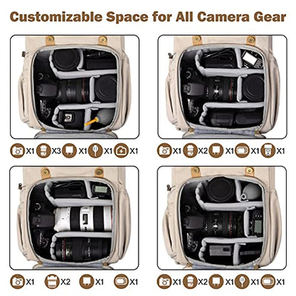 BAGSMART Camera Backpack, DSLR Camera Bag, Waterproof Camera Bag Backpack for Photographers, Fit up to 15" Laptop with Rain Cover and Tripod Holder, Ivory White - color: F-ivory White[double Buckle]