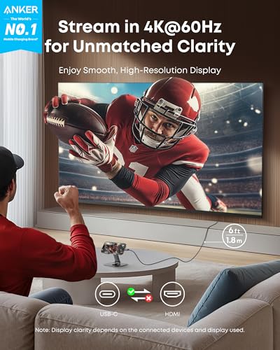 Anker HDMI Cable, 4K@60Hz Ultra-Fast USB C to HDMI Cord, 6ft | Nylon-Braided Cable with Advanced Shielding, HDR, Thunderbolt 5/4/3 Compatible, for MacBook, iPad, iPhone, HD TV, Black - size: 6FT