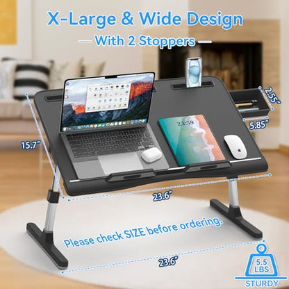 Laptop Bed Desk, X-Large Leather Adjustable Computer Bed Table Tray, Foldable Laptop Lap Desk for Bed Sofa Couch Floor Writing Eating Working with Drawer 2 Movable Stoppers (23.6 inch, Black) - color: Black