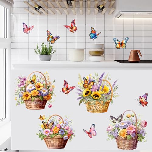 Flower Basket Butterfly Wall Stickers Bedroom Bathroom Restroom Cistern Nursery Decor DIY Removable Bouquet Toilet Seat Lid Decals 4 Pcs (Yellow) - color: Yellow