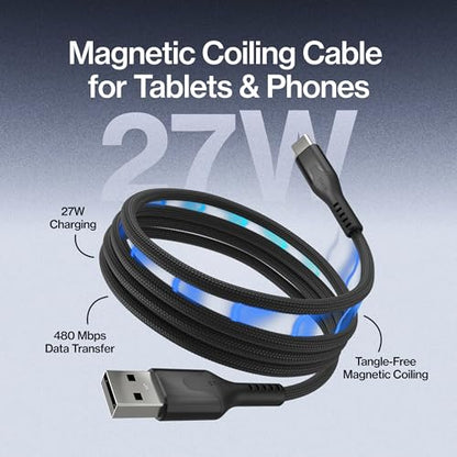 Statik MagStack USB A to USB C Coiling Magnetic Charging Cable, 27W | Nylon Braided Tangle-Free Design, Magnetic Coiling, Data Transfer, Compatible with iPhone & Android, 3FT Black - color: Black, size: 3ft, style: USB-A to USB-C