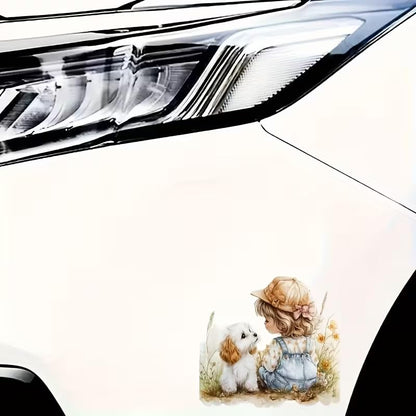 Little Girl with Cute Dog PVC Vinyl Car Decals Stickers Waterproof Self-Adhesive Decals for Cars, Laptops, Trucks, Motorcycles Wall Window Luggage Scratch Cover Door Decor Sticker