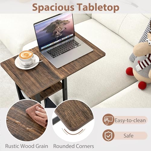 GIANTEX 27" C Shaped End Table w/Charging Station, Rolling Wheels | Slide Under Couch, Outlets & USB Port, Side Table Nightstand Small Laptop Sofa TV Tray C Table for Living Room, Rustic Brown