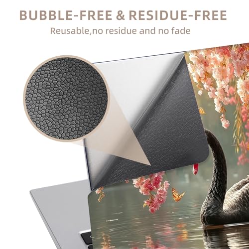 Universal Laptop Skin Sticker for 12/13/14/15.6 Inch Laptops, Reusable Vinyl Laptop Decal Cover, Waterproof Scratch Resistant Notebook Skin with 2 Wrist Pads,Black Swan & Cherry Blossoms - color: Black Swan & Cherry Blossoms