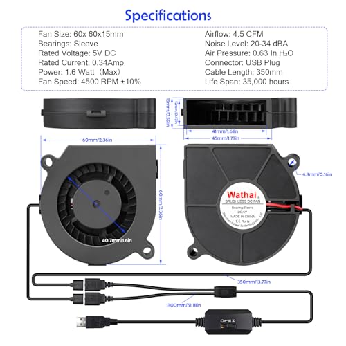 Wathai 60mm Computer Case USB Blower Fan 5V Variable Speed Controller 6015 | 2 ni 1 Small Blower Fan for Receiver DVR PlayStation Xbox Computer Cabinet Cooling 2 Pack - size: 60mm