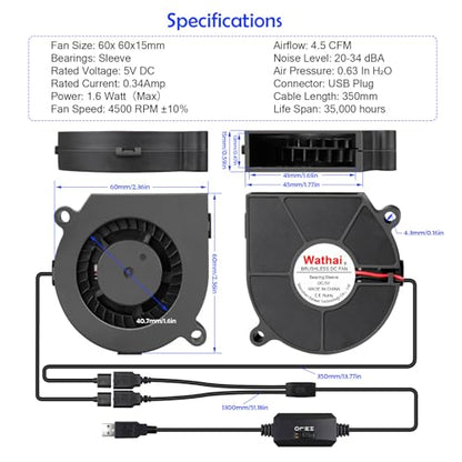 Wathai 60mm Computer Case USB Blower Fan 5V Variable Speed Controller 6015 | 2 ni 1 Small Blower Fan for Receiver DVR PlayStation Xbox Computer Cabinet Cooling 2 Pack - size: 60mm
