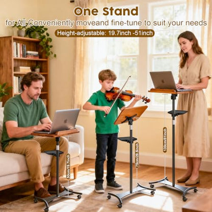 2 in 1 Dual-use Music Stand & Desktop Book Stand, Adjustable Height 16.5"-51", 100% Solid Wood Laptop Floor Stand Book Holder with Elastic Page Clips for Cookbooks (Brown with Tray and Wheels) - color: Brown With Tray and Wheels