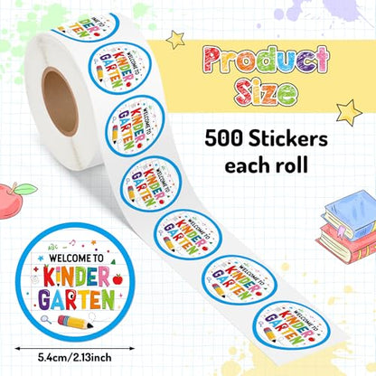 Haooryx Back to School Stickers - 500Pcs Welcome to Kindergarten Water Bottle Laptop Sticker Rolls Self Adhesive Preschool Student Teacher Supplies Page Activity Pad Goodie Bag Greeting Card Making - style: Welcome to Kindergarten