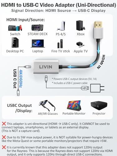 HDMI to USB C Adapter (4K@60Hz) Portable Monitor, AR Glasses XREAL One Air 2 Pro/VITURE Luma/RayNeo Air 3s/Rokid,HDMI Male(Source) to USB C Female(Display) Laptop,PS4/5,Xbox,Switch,ROG Ally,Steam Deck - color: Silver