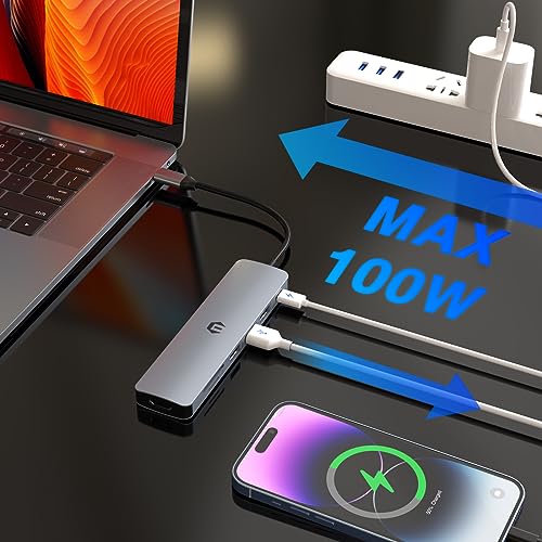USB C Hub Multiport Adapter, 7 in 1 USB C Docking Station with 4K HDMI, 100W PD Charging Port, 3 USB 3.0, SD/TF Card Reader