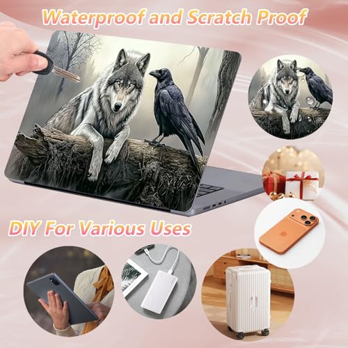Laptop Skin Sticker Decal 12" 13" 13.3" 14" 15" 15.6",Waterproof Scratch Resistant Vinyl,Reusable Easy to Apply,for MacBook HP Dell Notebooks Netbooks Laptop,2 Wrist Pads,Crow Wolf Forest - color: Crow Wolf Forest