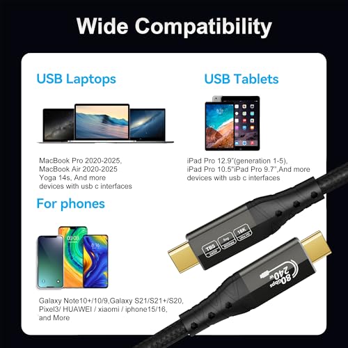 ZIKNYDO 80Gbps for Thunderbolt 5 Cable 3.3FT/1m, USB 4 2.0 Cable 120Gbps Bandwidth for 16K/Dual 8K Displays, PD3.1 240W Charging, for Thunderbolt 4, SSD, MacBook M4 Pro/Max, eGPU, Mac mini M4 Pro - size: 3.3FT*1