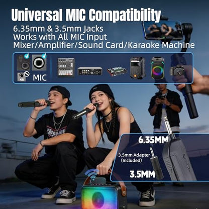 Wireless Microphones for Karaoke Singing, Professional Dual Cordless Mic System with 500ft Range, Rechargeable Receiver, 2.4GHz Auto-Connect, AI Noise Cancelling, Echo/Vol Control for DJ Church Party